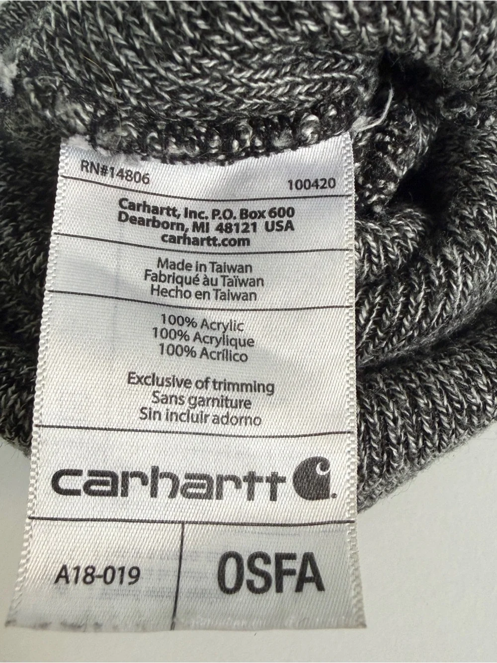 Carhartt Marled Gray Folded Cuff Beanie with Logo Patch one size